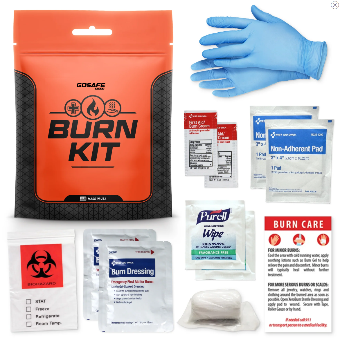 Burn kit with various burn care supplies including a glove, dressings, and wipes on a white background.