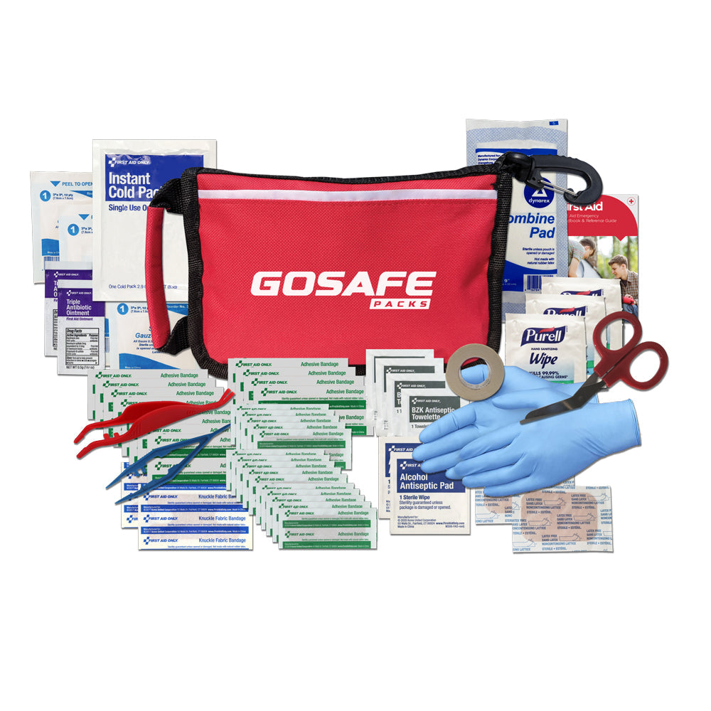 First aid kit with various supplies including a red GOSAFE bag on a white background