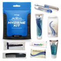 Collection of hygiene products including a blue 'Gosafe' hygienic kit on a white background.