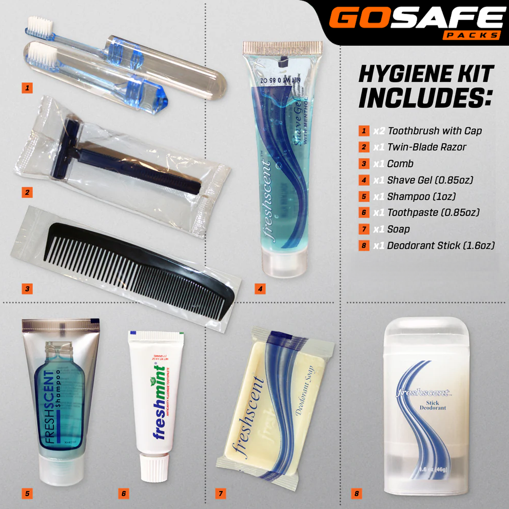 Collection of hygiene products including a toothbrush, razor, comb, and toiletries with 'GOSAFE Packs' branding.
